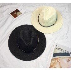 Mujer&apos;s Sun Hat Leather Chain Straw Flat Wide Brimmed Black White Summer Hats  eb-83383907